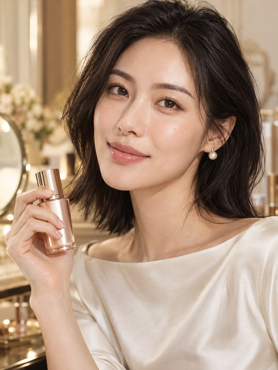Lena Park, fictional AI showcase model in beauty styling