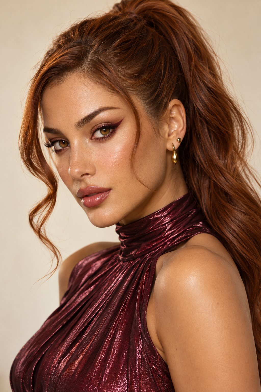 Ruby Vale, fictional AI showcase model in beauty styling